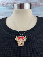 Highland Cow Necklace - Maple - Red Bow