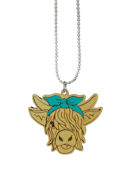 Highland Cow Necklace - Maple - Turquoise Bow