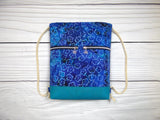 Drawstring Backpack - Blue Floral Batik