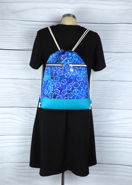 Drawstring Backpack - Blue Floral Batik