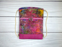 Drawstring Backpack - Fuchsia Leaves Batik