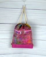 Drawstring Backpack - Fuchsia Leaves Batik